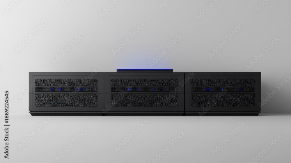 Obraz premium Modern Black Modular Server System with Blue LED Lights on Clean Background