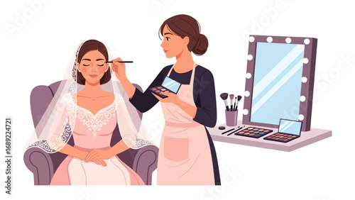Bride receiving professional makeup application before wedding ceremony by expert stylist