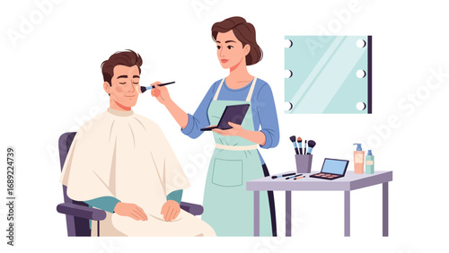 Professional makeup artist applying foundation to a male client in a salon setting