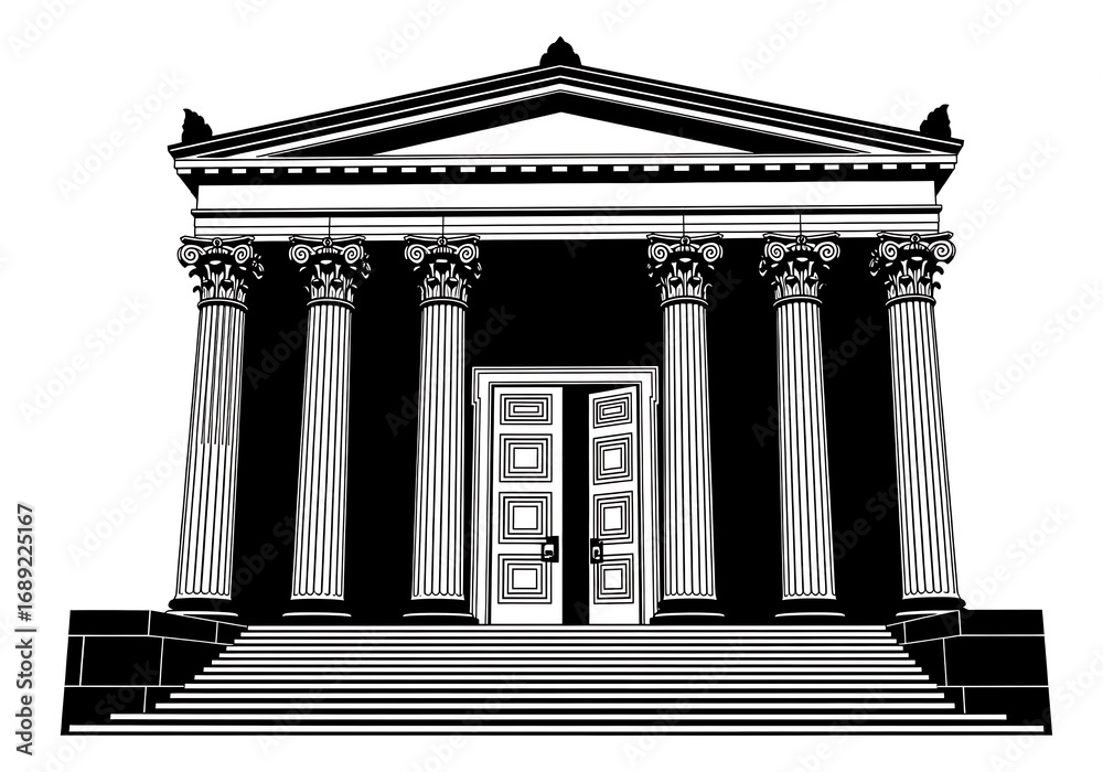 Obraz premium Elegant vector illustration of a classical building with imposing columns and a grand entrance, representing the enduring legacy of historical architecture and cultural heritage