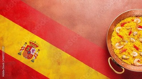 Traditional Spanish paella dish with vibrant yellow rice, shrimp, and seafood,