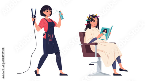 Stylist with hair straightener prepares for client receiving hair rollers and reading magazine