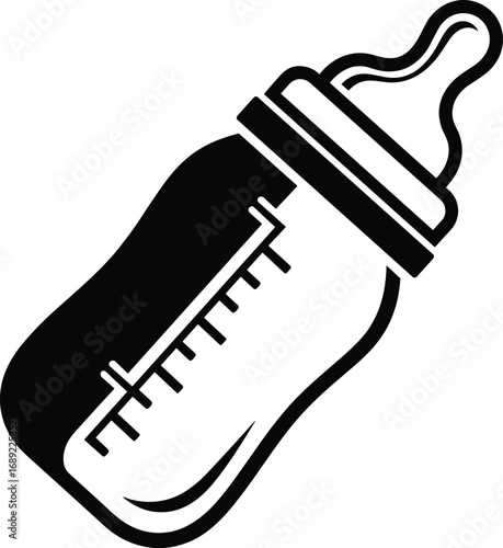 Baby bottle, black and white, vector, illustration, measurement scale, nipple top, infant feeding, minimal design, silhouette, newborn, hydration, icon, clean, simple,