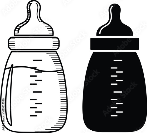 Baby bottles, vector illustration, black and white, feeding container, measurement markings, nipple top, silhouette, outline, comparison, infant care, minimal, design,