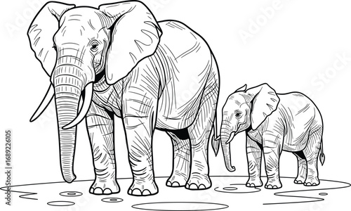 Elephant, calf, wildlife, nature, line art, black and white, puddles, ground, illustration, vector, drawing, safari, animal, family, bond, texture, skin, tusks, trunk,