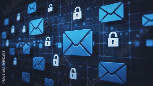 Digital communication security concept with glowing blue email envelopes and white padlock icons on a dark grid background