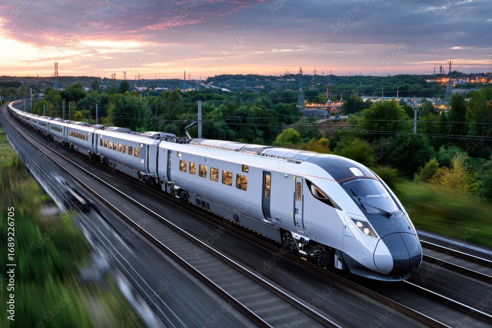 Fototapeta premium Modern high speed train at sunset
