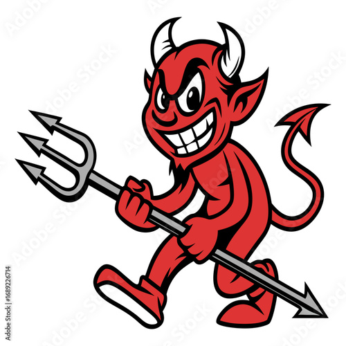 Evil Grinning Cartoon Devil with Trident | Mischievous Red Demon Character