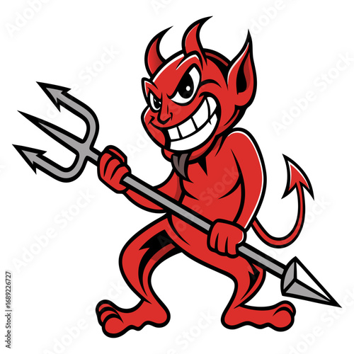 Evil Grinning Cartoon Devil with Trident | Mischievous Red Demon Character