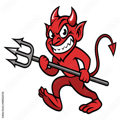 Evil Grinning Cartoon Devil with Trident | Mischievous Red Demon Character