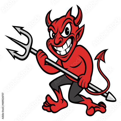 Evil Grinning Cartoon Devil with Trident | Mischievous Red Demon Character
