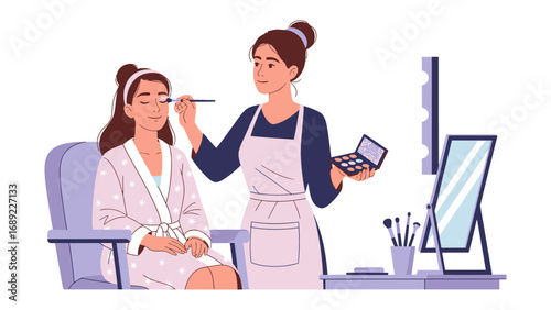 Professional makeup artist applying cosmetics to a client in a beauty salon setting with mirrors and brushes