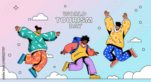 A vibrant illustration portrays a diverse group of joyful individuals celebrating World Tourism Day with energetic jumps and a sense of global adventure.