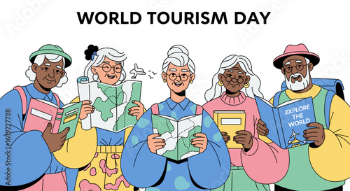 Diverse senior travelers celebrate World Tourism Day, happily exploring maps and guidebooks together, embodying global adventure and cultural discovery.