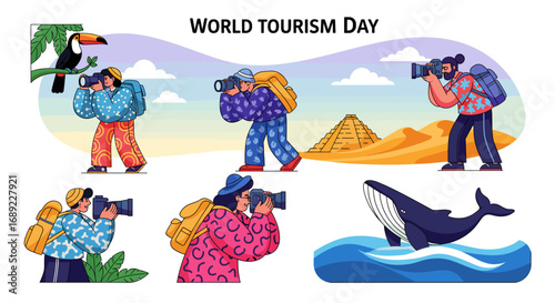 Diverse travelers explore iconic global destinations, capturing wildlife and landscapes with cameras, celebrating World Tourism Day.
