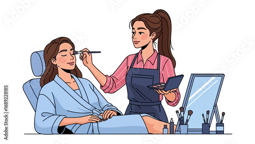 Professional makeup artist applying eyeshadow to a client sitting in a salon chair