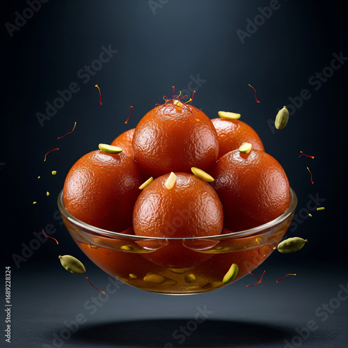 Cinematic Bowl of Gulab Jamun Floating in Mid Air with Ingredients Flying around in a Dark Background
