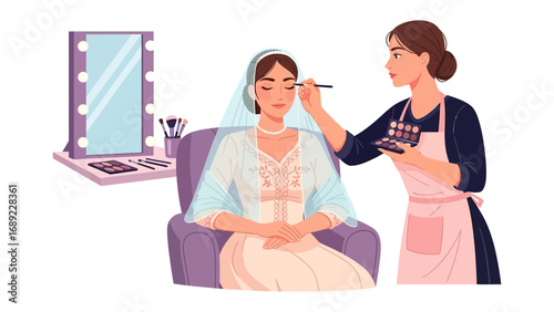 Bridal makeup artist applying cosmetics to a bride in a salon setting with a lighted mirror