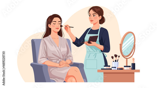 Professional makeup artist applying foundation to a smiling woman in a salon setting with beauty products and mirror