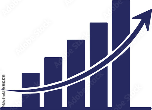 Dark blue bar graph with upward trending arrow bar chart growth