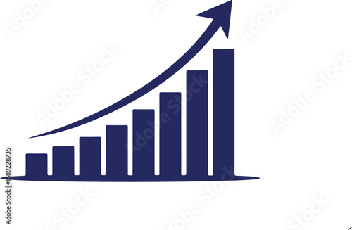 Dark blue bar graph with upward trending arrow chart bar chart