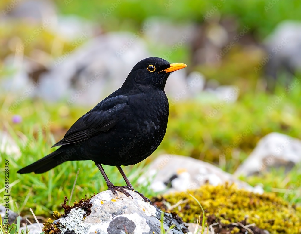 Obraz premium Blackbird perched on rock (1)