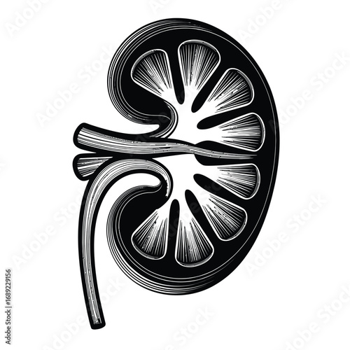 Black and white vector of a kidney organ with layered 3D illusion line effect for medical, anatomy, and healthcare design