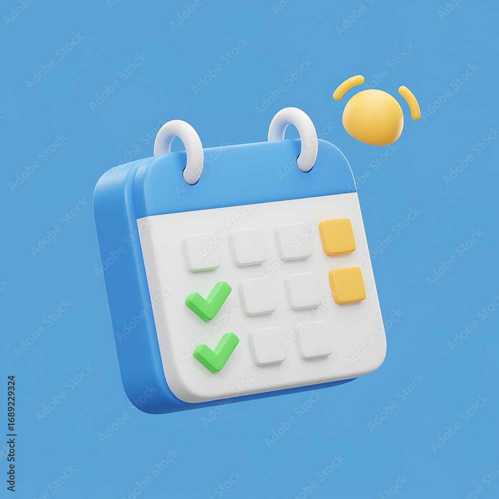 3D Render of Calendar with Check Marks and Notification Icon for Time Management and Schedule Planning