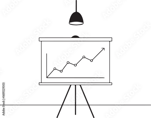 Whiteboard displaying upward trending graph under hanging lamp chart line graph