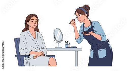 Professional makeup artist applying cosmetics to a client in a beauty salon setting with a mirror