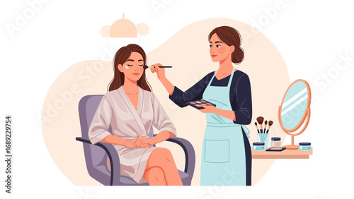 Professional makeup artist applying cosmetics to a smiling woman in a salon chair