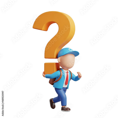 3d faceless cartoon character carrying a huge question mark isolated on white background, symbol of problem solving, doubt, and confusion
