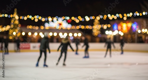 Blurred ice skaters glide on a rink at night illuminated by festive string lights and a Christmas tree
