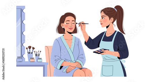 Professional makeup artist applying cosmetics to a client sitting in a salon chair