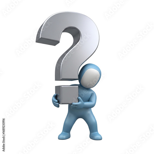 3d faceless cartoon character carrying a huge question mark isolated on white background, symbol of problem solving, doubt, and confusion
