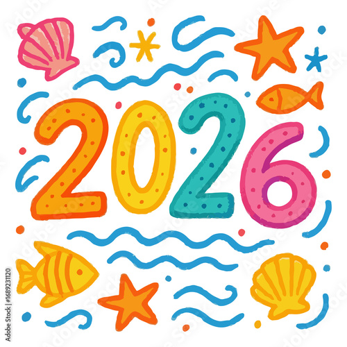 2026 Typography Illustration with Waves and Seashells in Playful Hand Drawn Doodle Style