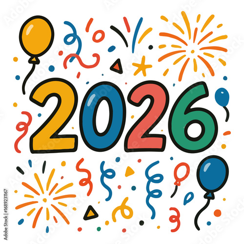 2026 Party Typography Illustration with Balloons and Confetti in Hand Drawn Doodle Style