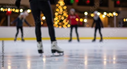 Ice rink scene featuring blurry figures skating with one closeup figure