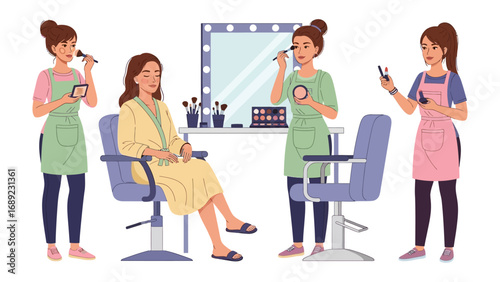 Professional makeup artists applying cosmetics to a client in a well lit salon with a large mirror and beauty tools
