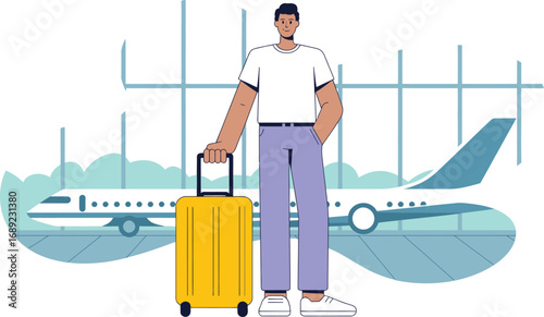 Man with Yellow Suitcase at Airport with Airplane