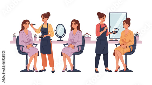 Professional makeup artists apply cosmetics to clients in a bright modern beauty salon setting