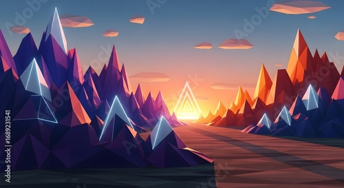Vibrant low-poly landscape with sharp crystalline mountains and a glowing triangular sun at the horizon, depicting a stylized sunrise or sunset.