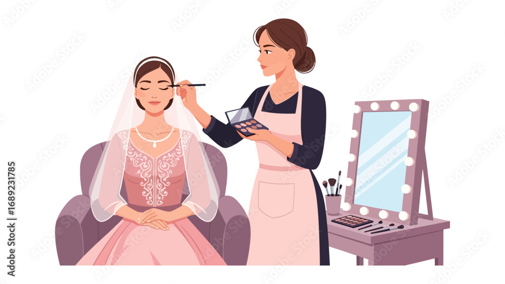 Naklejka premium Professional makeup artist applying cosmetics to a bride in a salon with a lighted mirror