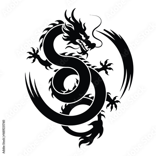 Black and white vector silhouette of a Chinese dragon curled into a circular frame for culture, mythology, and decorative design