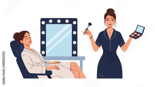 Professional makeup artist applying cosmetics to a client sitting in a chair in front of a lighted vanity mirror