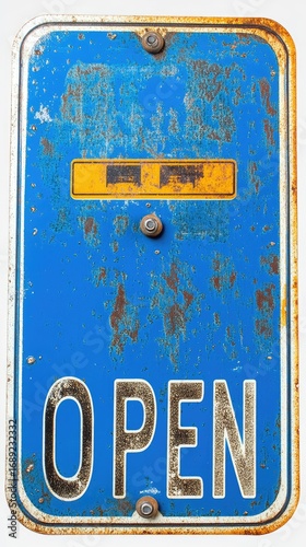 Wallpaper Mural Weathered Blue "Open" Sign with Rust and Yellow Accent, Vintage Charm Torontodigital.ca