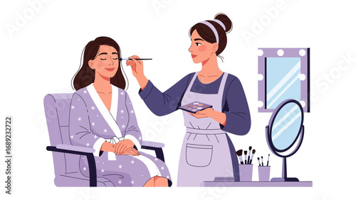 Professional makeup artist applying cosmetics to a client in a salon setting with mirrors and brushes