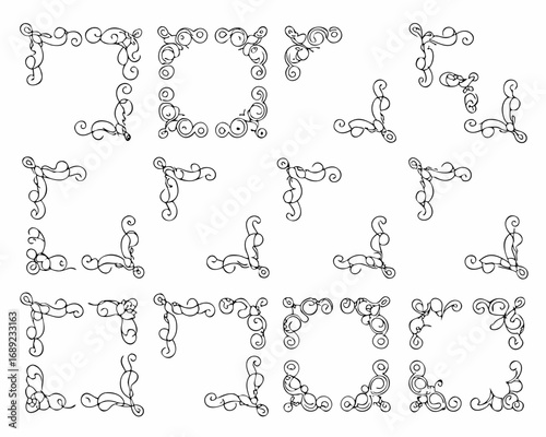 Collection of decorative hand drawn flourish corner elements and borders