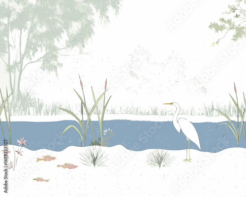 White egret bird standing by a tranquil pond with reeds and fish