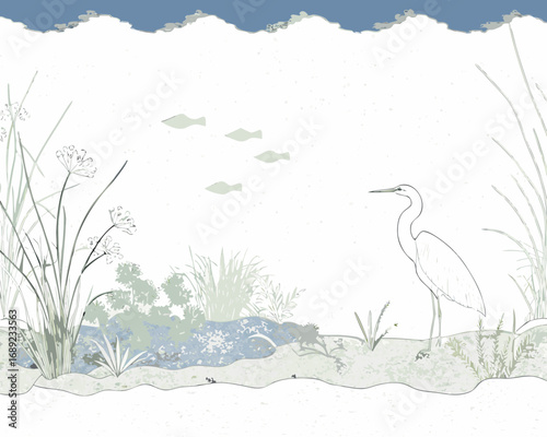 Elegant heron stands by a tranquil pond with fish swimming